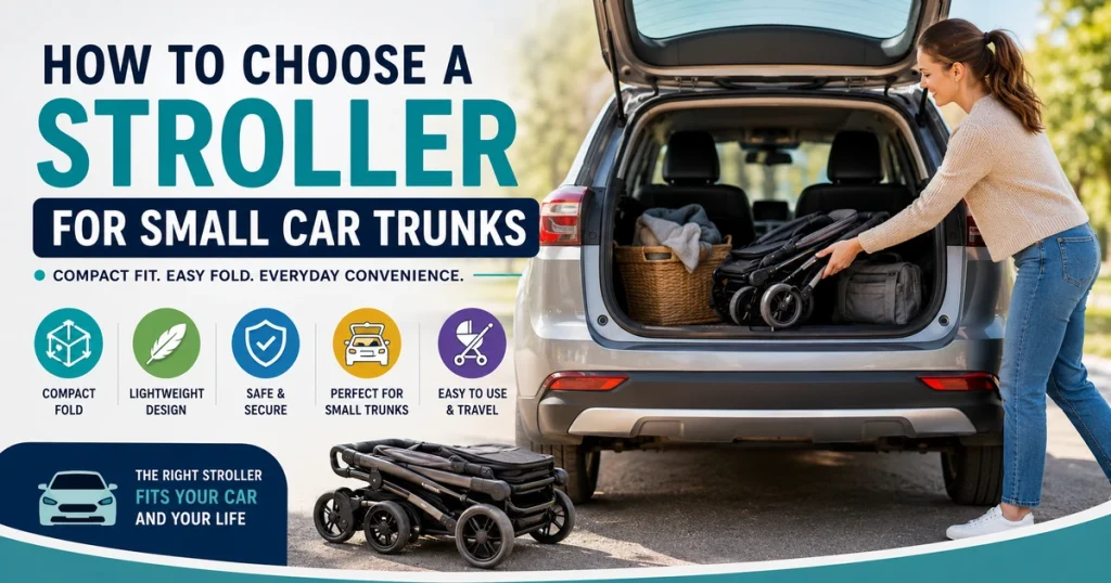 How to choose a stroller for small car trunks image showing a compact stroller fitting inside a car trunk with fold, safety, and travel icons