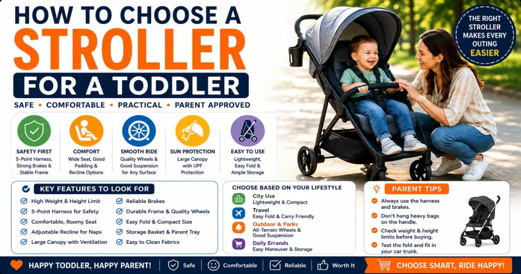 How to choose a stroller for a toddler image showing a parent with toddler in stroller, safety features, comfort, wheels, fold, and buying tips