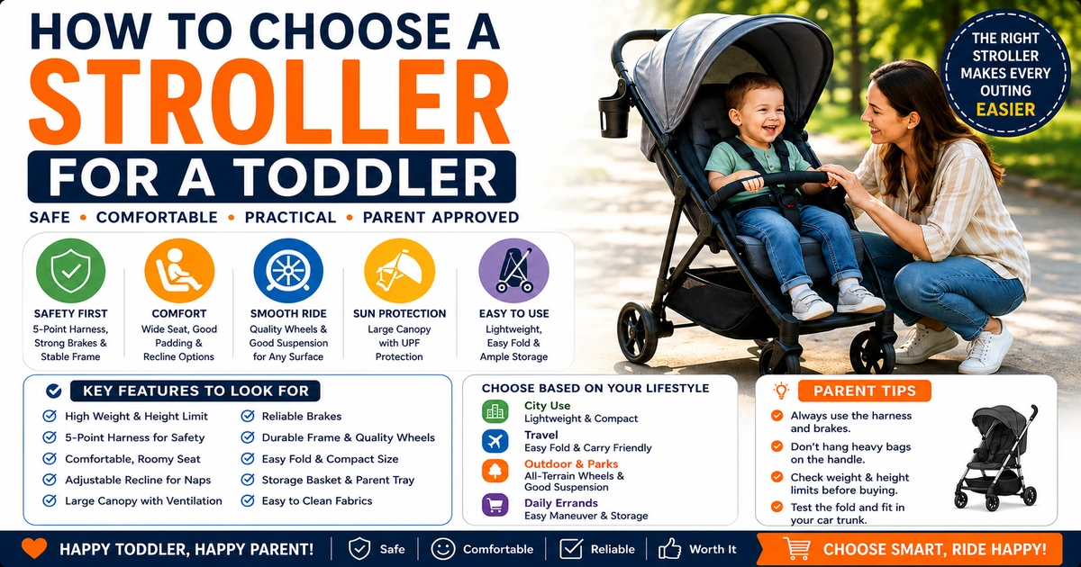How to choose a stroller for a toddler image showing a parent with toddler in stroller, safety features, comfort, wheels, fold, and buying tips