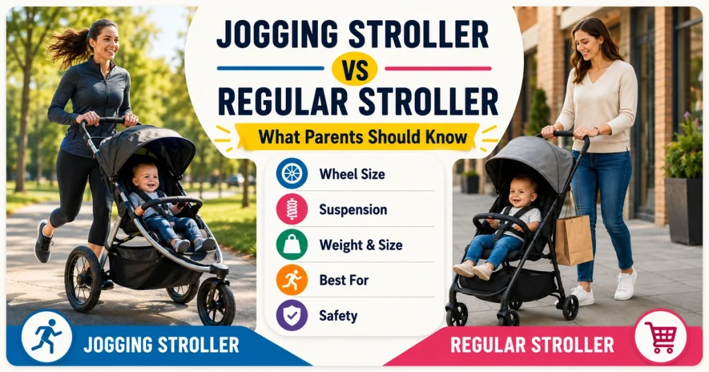 Jogging stroller vs regular stroller comparison image showing active parents, stroller wheel size, suspension, safety, and daily use differences
