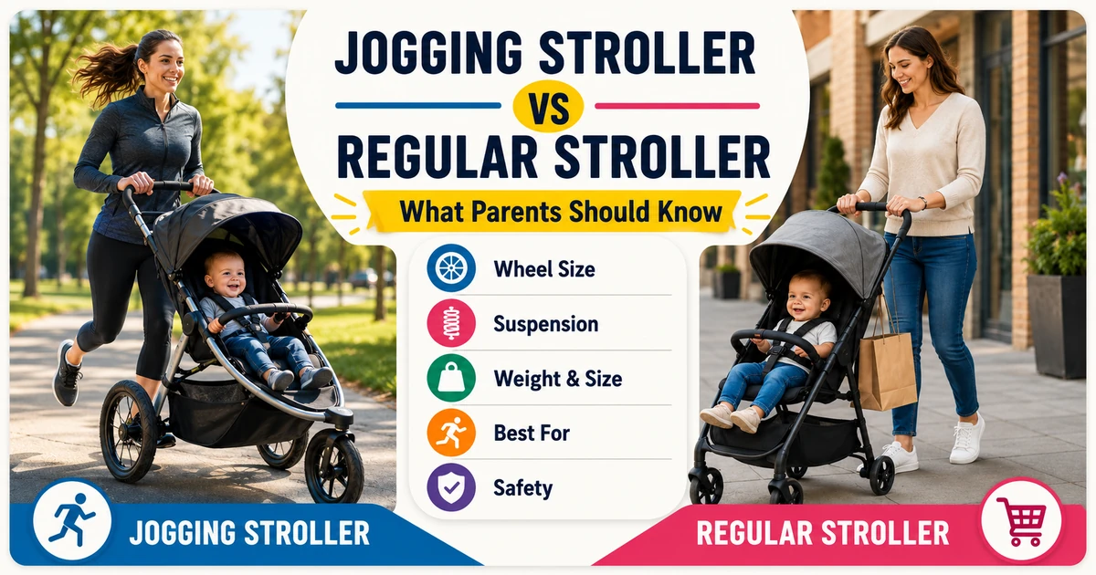 Jogging stroller vs regular stroller comparison image showing active parents, stroller wheel size, suspension, safety, and daily use differences