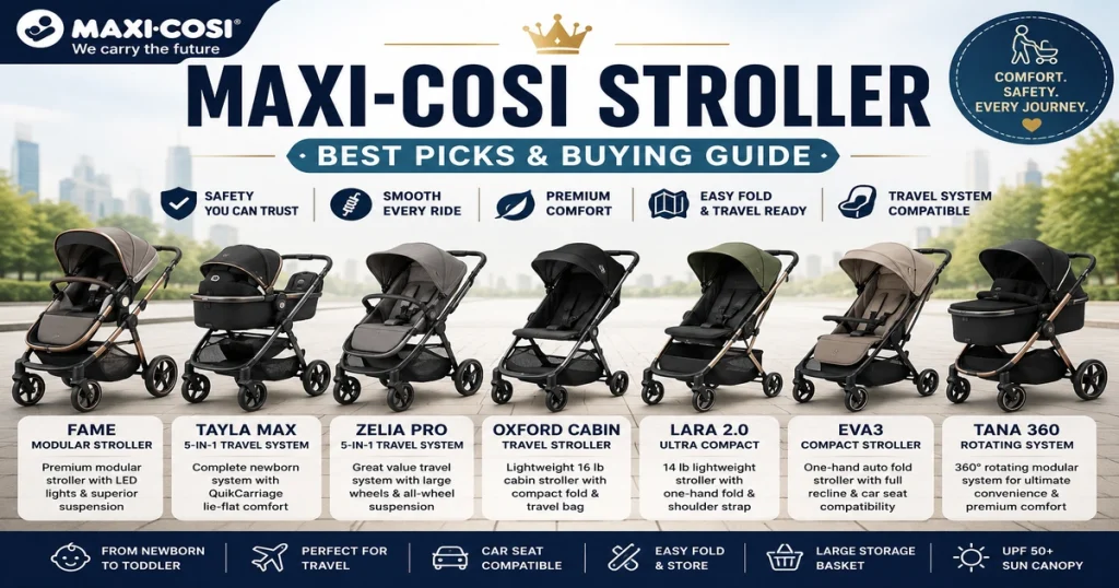 Maxi-Cosi stroller buying guide with Fame, Tayla Max, Zelia Pro, Oxford Cabin, Lara 2.0, Eva3, Tana 360, travel system compatibility, easy fold, comfort, storage, and parent buying tips.