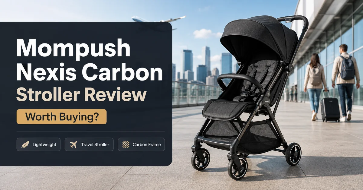 Mompush Nexis Carbon stroller review image showing a lightweight black travel stroller with compact carbon frame in an airport-style travel setting