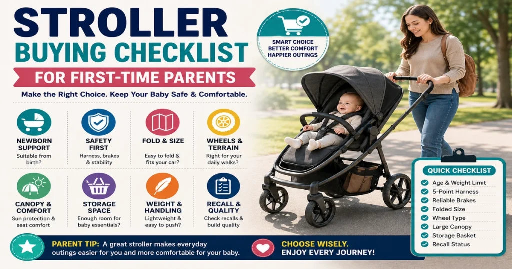 Stroller buying checklist for first-time parents with baby stroller, newborn support, safety, fold size, wheels, canopy, and storage tips.