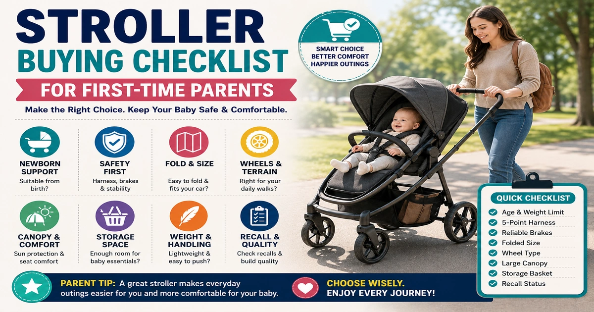 Stroller buying checklist for first-time parents with baby stroller, newborn support, safety, fold size, wheels, canopy, and storage tips.