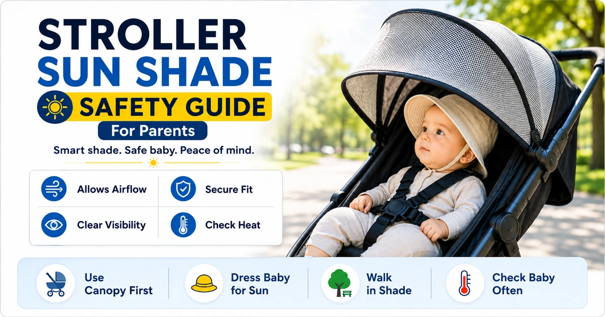 Stroller sun shade safety guide for parents with baby in shaded stroller, airflow, secure fit, UPF protection, and heat check tips.