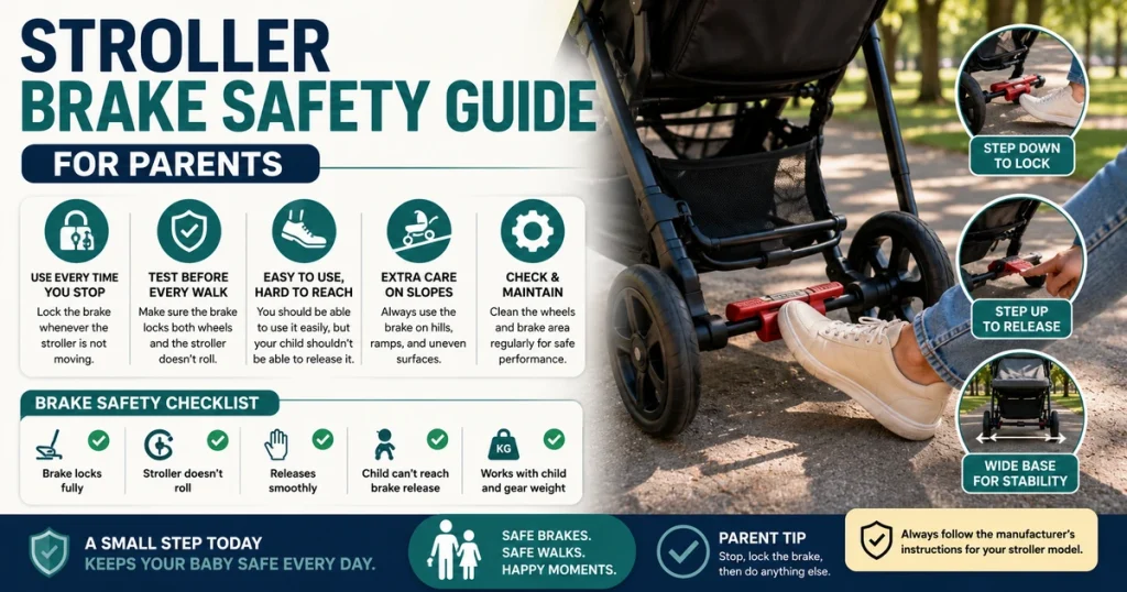 Stroller Brake Safety Guide image showing a parent pressing stroller brake with wheel lock, slope safety, brake testing, maintenance, and parent safety checklist icons