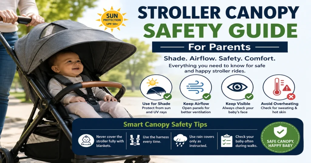 Stroller Canopy Safety Guide with shade, airflow, overheating signs, rain cover safety, newborn tips, and buying tips.