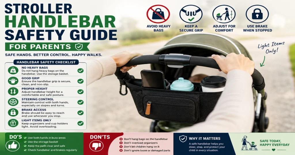 Stroller Handlebar Safety Guide image showing parent holding stroller handlebar with no heavy bags, secure grip, steering control, brake access, and safety checklist icons