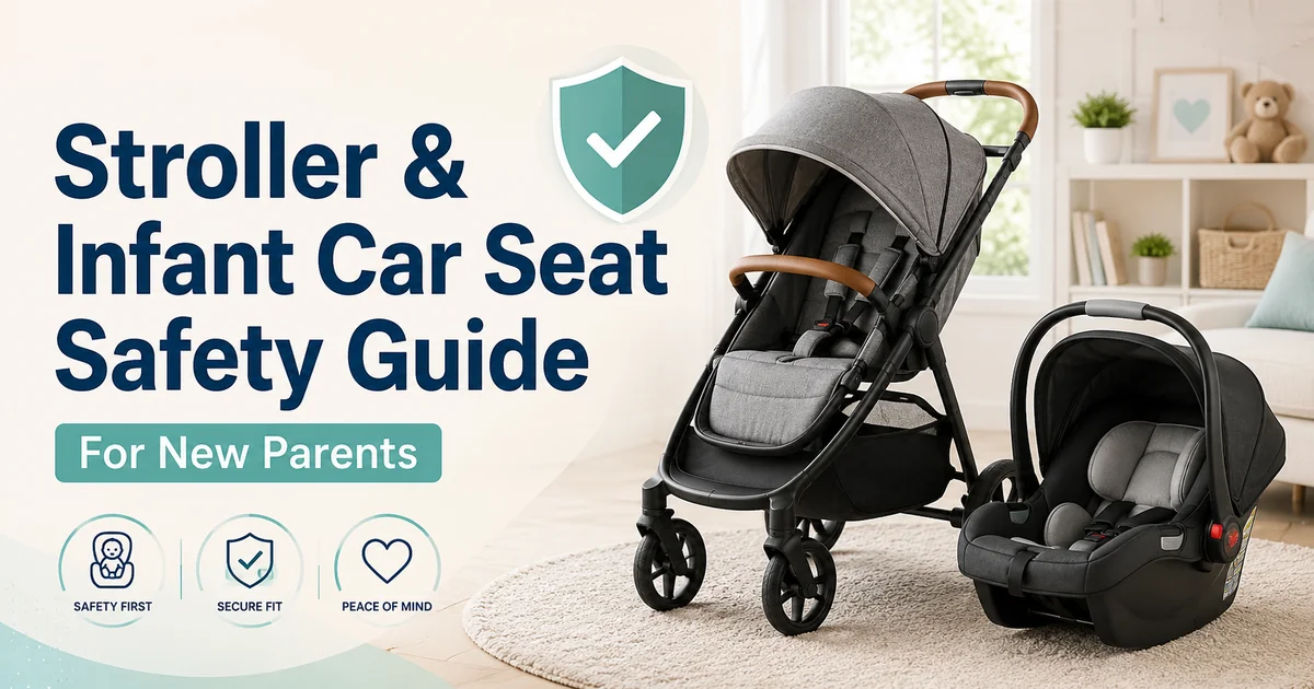 Stroller and infant car seat safety guide image showing a baby stroller, infant car seat, and safety shield icon for new parents