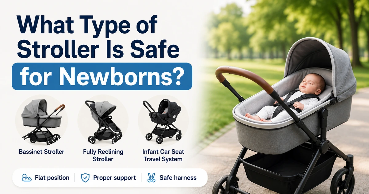 Newborn baby sleeping safely in a bassinet stroller with safe stroller options for newborns