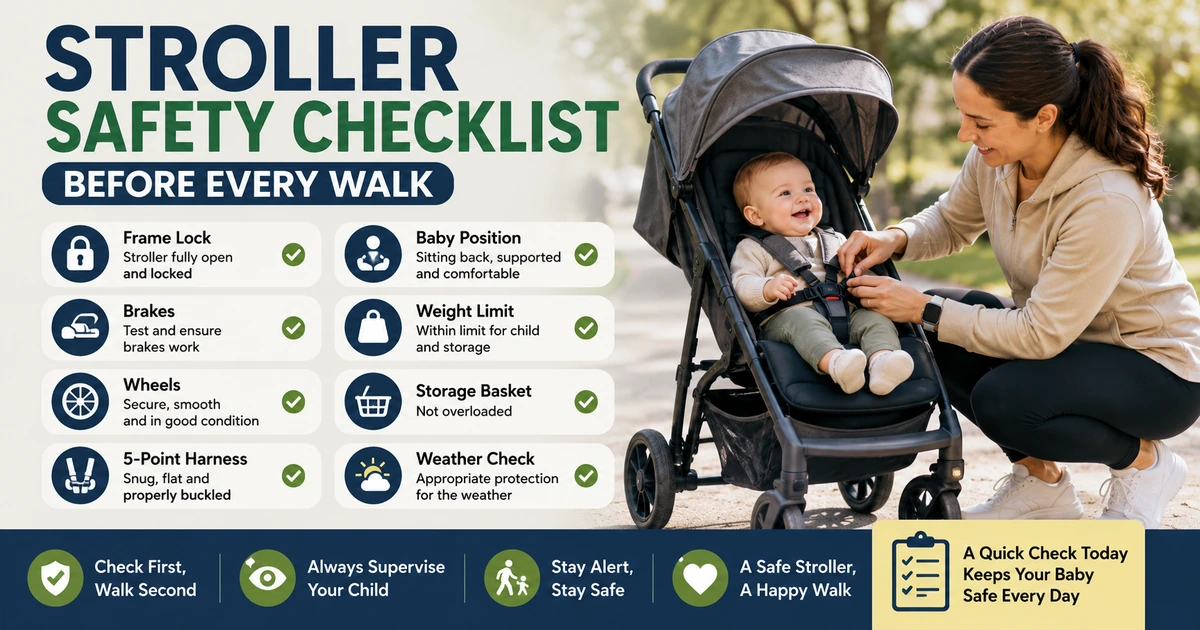 Stroller safety checklist image showing a parent buckling baby in a stroller with brakes, wheels, frame lock, harness, weight limit, and weather check icons