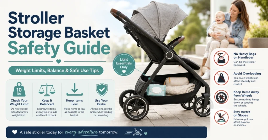 Stroller Storage Basket Safety Guide image showing stroller basket with baby essentials, weight limit, balance, no heavy handlebar bags, and safety checklist icons
