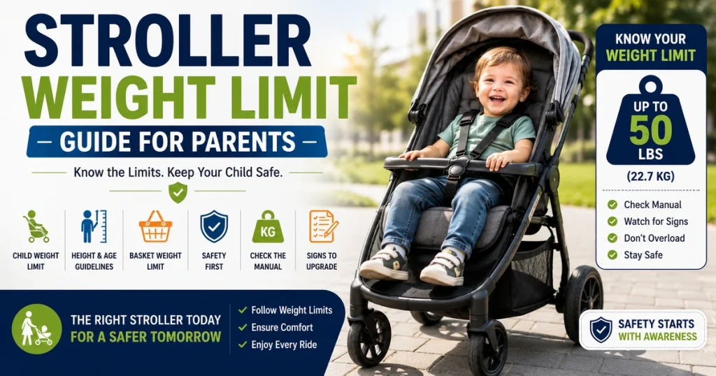 Stroller Weight Limit Guide image showing a toddler sitting safely in a stroller with weight limit, child height, basket limit, safety, and manual check icons