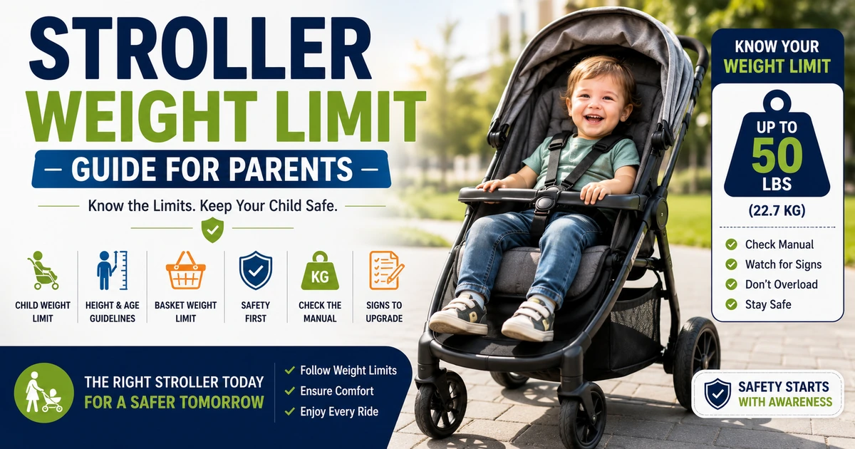 Stroller Weight Limit Guide image showing a toddler sitting safely in a stroller with weight limit, child height, basket limit, safety, and manual check icons