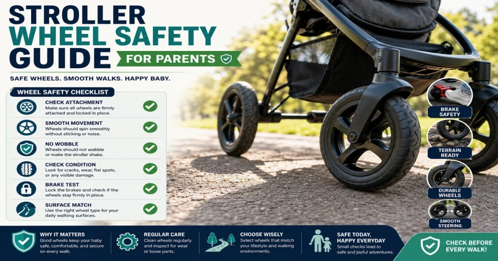 Stroller Wheel Safety Guide image showing stroller wheels with wheel attachment, smooth movement, brake test, terrain readiness, and safety checklist icons