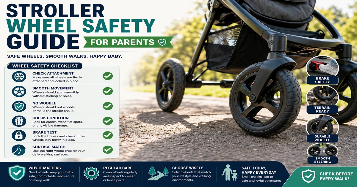Stroller Wheel Safety Guide image showing stroller wheels with wheel attachment, smooth movement, brake test, terrain readiness, and safety checklist icons