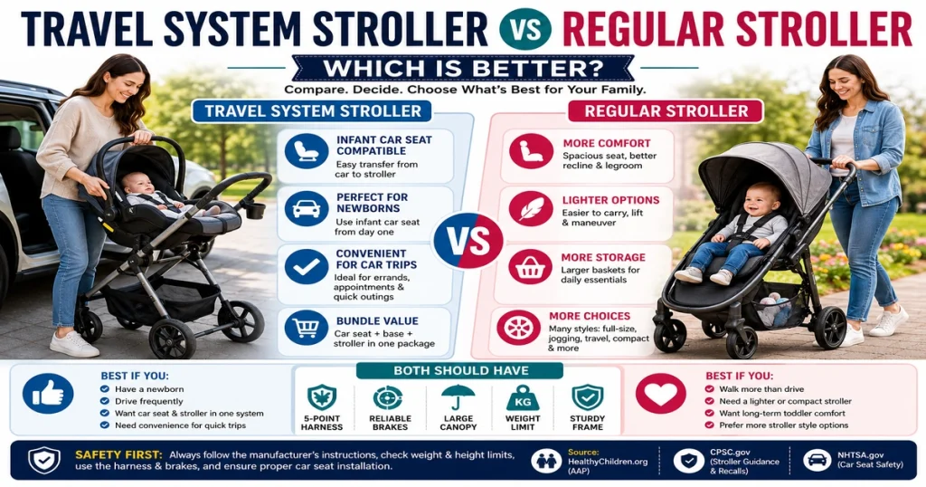 Travel system stroller vs regular stroller comparison with infant car seat, newborn convenience, comfort, storage, safety features, and parent buying guide.