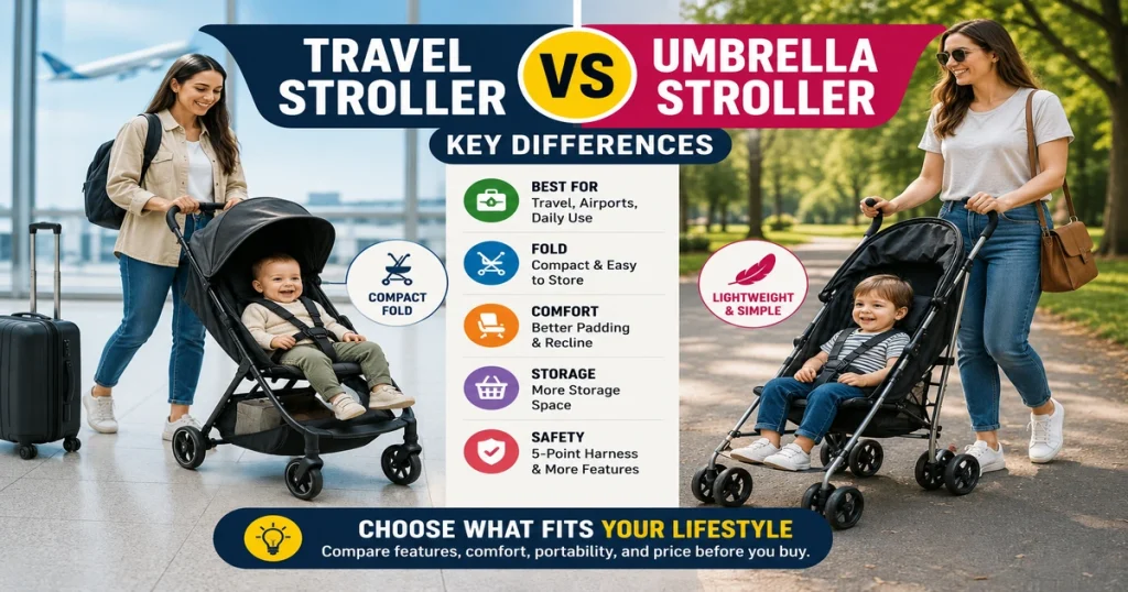 Travel stroller vs umbrella stroller comparison image showing compact fold, comfort, storage, safety, airport use, and daily stroller differences