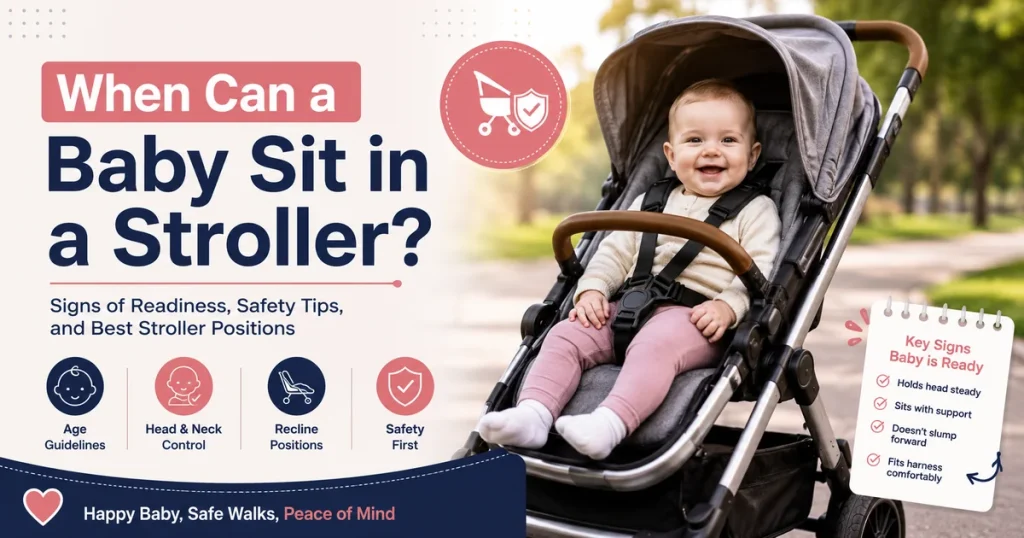 Baby sitting in a stroller safety guide image showing a smiling baby in a stroller with readiness signs, recline tips, and stroller safety icons