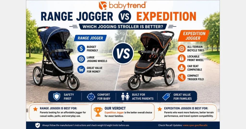 Baby Trend Range Jogger vs Expedition feature image showing two jogging strollers side by side with safety, comfort, and value highlights.
