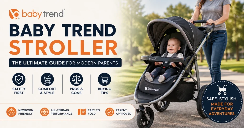 Baby Trend stroller guide feature image showing a modern stroller with baby, highlighting safety, comfort, pros and cons, and buying tips for parents.