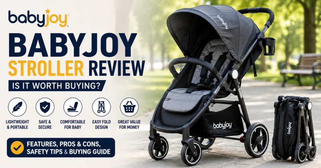 Babyjoy stroller review feature image showing a realistic stroller in a park, highlighting lightweight design, safety, comfort, easy fold, and buying tips.