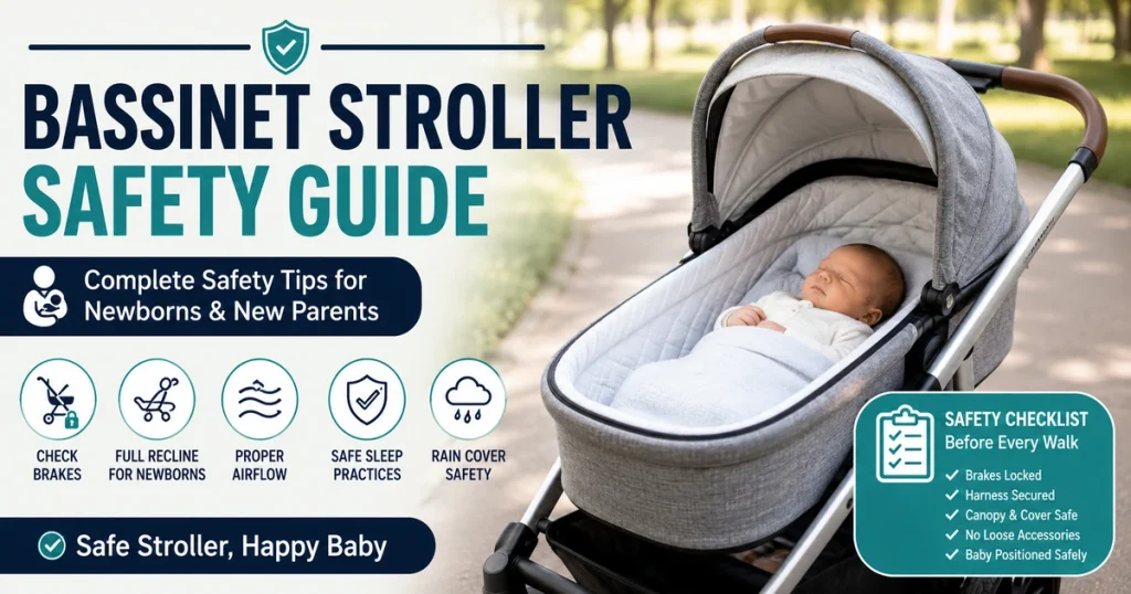 Bassinet stroller safety guide feature image showing a newborn resting safely in a bassinet stroller with safety checklist icons.