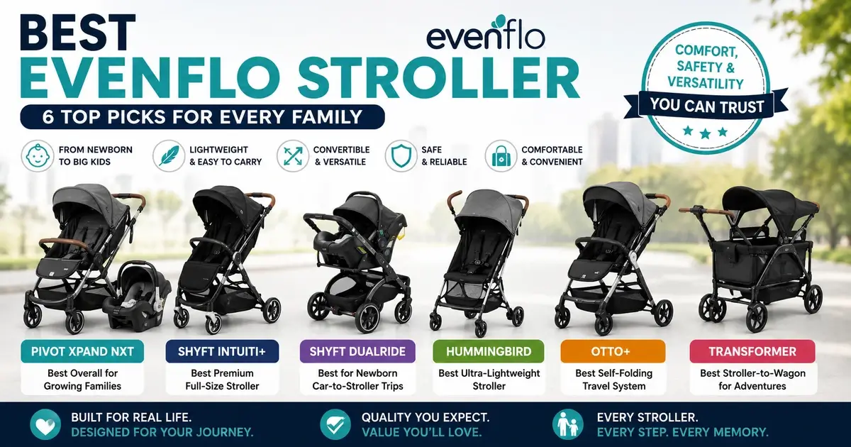 Best Evenflo stroller comparison featuring Pivot Xpand NXT, Shyft Intuiti+, Shyft DualRide, Hummingbird, Otto+, and Transformer models
