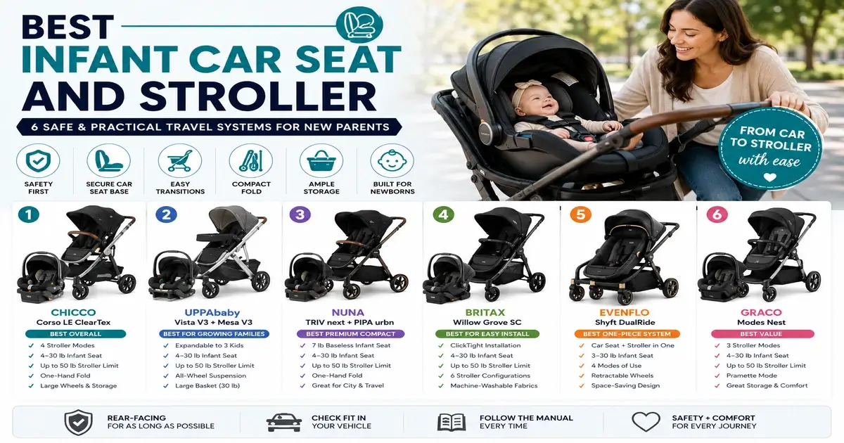 Best infant car seat and stroller comparison featuring Chicco, UPPAbaby, Nuna, Britax, Evenflo, and Graco travel systems