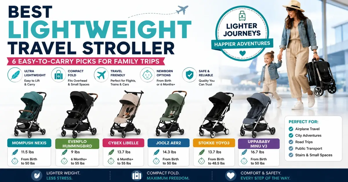 Best lightweight travel stroller comparison featuring Mompush Nexis, Evenflo Hummingbird, Cybex Libelle, Joolz Aer2, Stokke YOYO3, and UPPAbaby Minu V3