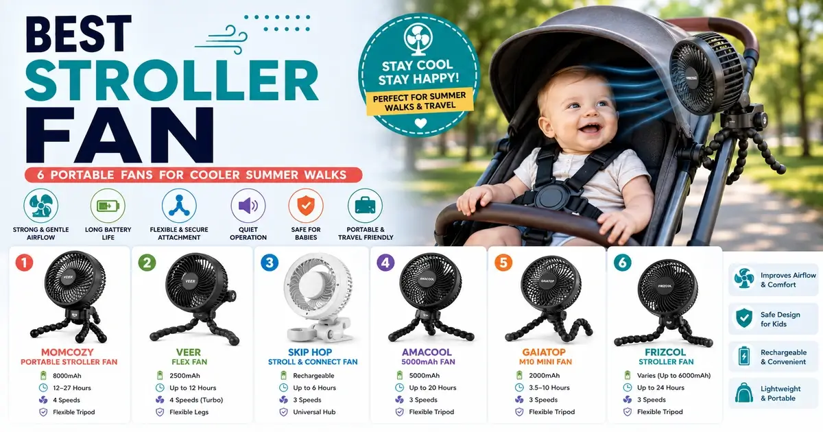 Best stroller fan comparison featuring Momcozy, Veer, Skip Hop, AMACOOL, Gaiatop, and FRIZCOL portable fans