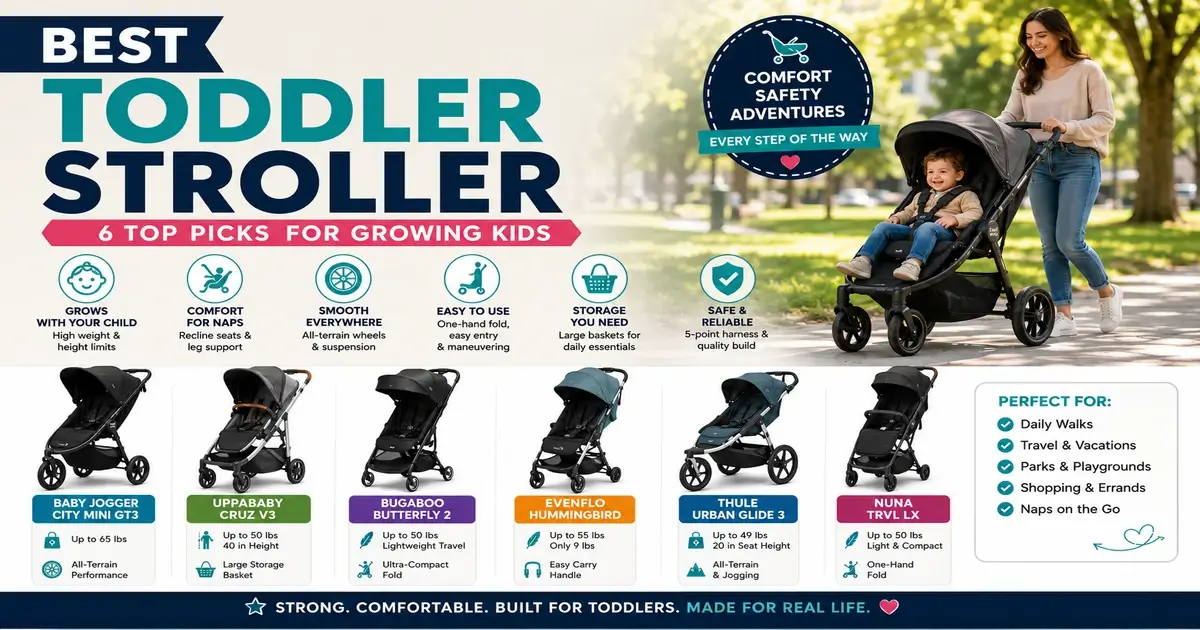 Best toddler stroller comparison featuring Baby Jogger City Mini GT3, UPPAbaby Cruz V3, Bugaboo Butterfly 2, Evenflo Hummingbird, Thule Urban Glide 3, and Nuna TRVL lx