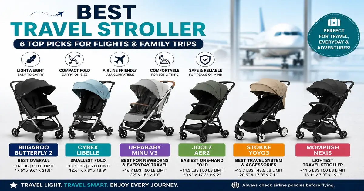 Best travel stroller comparison featuring Bugaboo Butterfly 2, Cybex Libelle, UPPAbaby Minu V3, Joolz Aer2, Stokke YOYO3, and Mompush Nexis