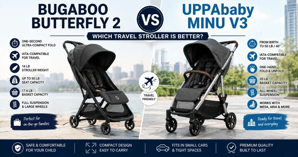 Bugaboo Butterfly vs UPPAbaby Minu travel stroller comparison feature image showing two compact premium strollers with fold, storage, suspension, newborn use, and travel-friendly highlights.