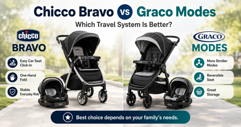 Chicco Bravo vs Graco Modes travel system comparison feature image showing two stroller and infant car seat systems with fold, car seat, storage, and seat mode highlights.