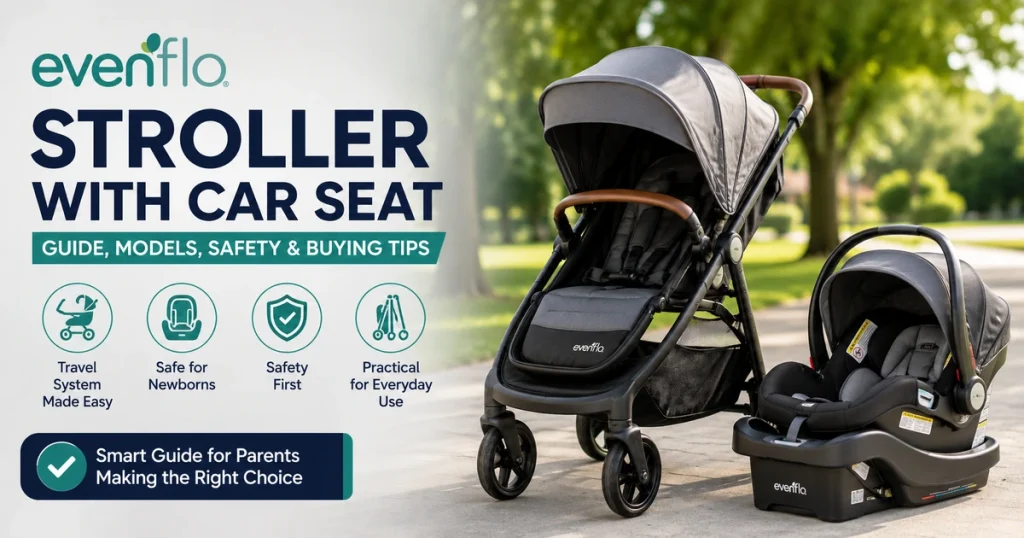 Evenflo stroller with car seat feature image showing a travel system setup in a park, highlighting newborn safety, models, and buying tips for parents.