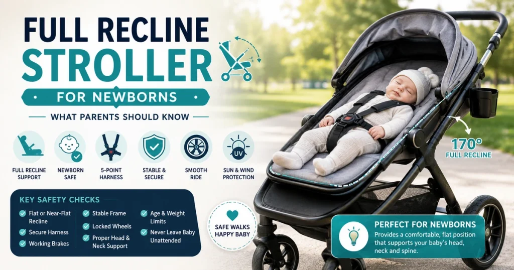 Full recline stroller for newborns showing a baby safely resting with harness, recline support, stable wheels, and sun protection