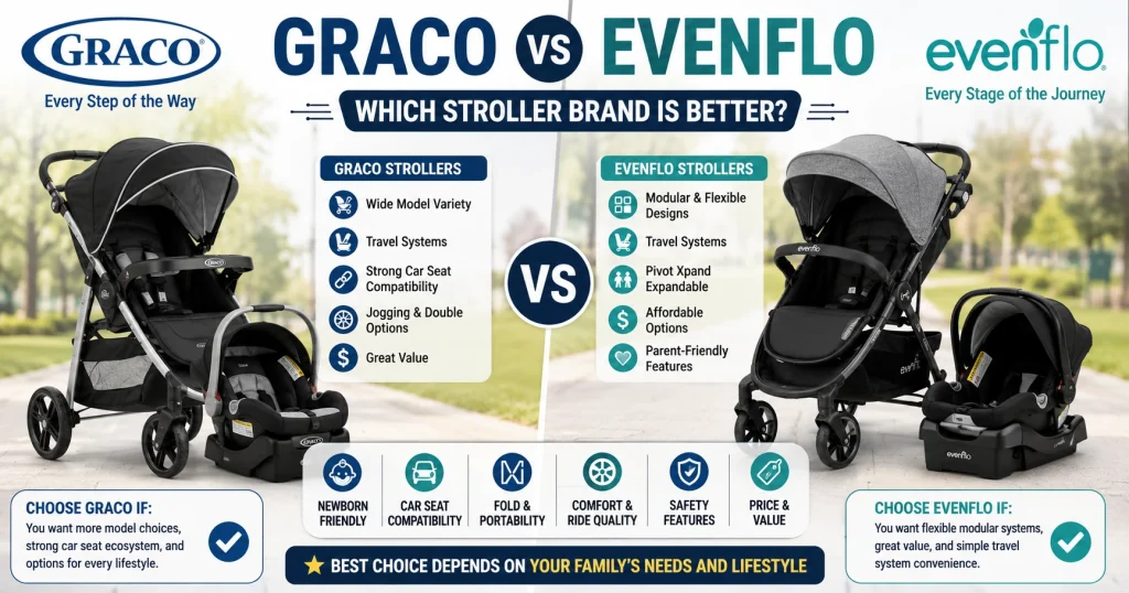 Graco vs Evenflo stroller comparison feature image showing two strollers side by side with travel system, safety, and value highlights.