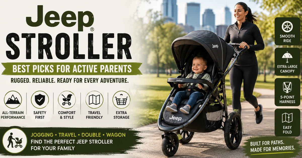Jeep stroller feature image showing an active parent jogging with a baby stroller, highlighting all-terrain performance, safety, comfort, travel, and storage features.
