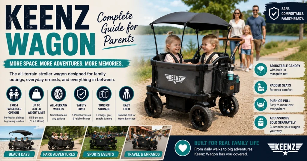 Keenz Wagon complete guide feature image showing two children riding in a stroller wagon with family adventure, storage, safety, canopy, and all-terrain highlights.