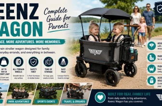 Keenz Wagon complete guide feature image showing two children riding in a stroller wagon with family adventure, storage, safety, canopy, and all-terrain highlights.