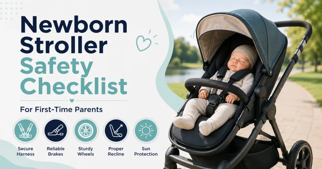 Newborn baby safely sitting in a stroller with harness, recline support, brakes, wheels, and sun protection checklist for parents