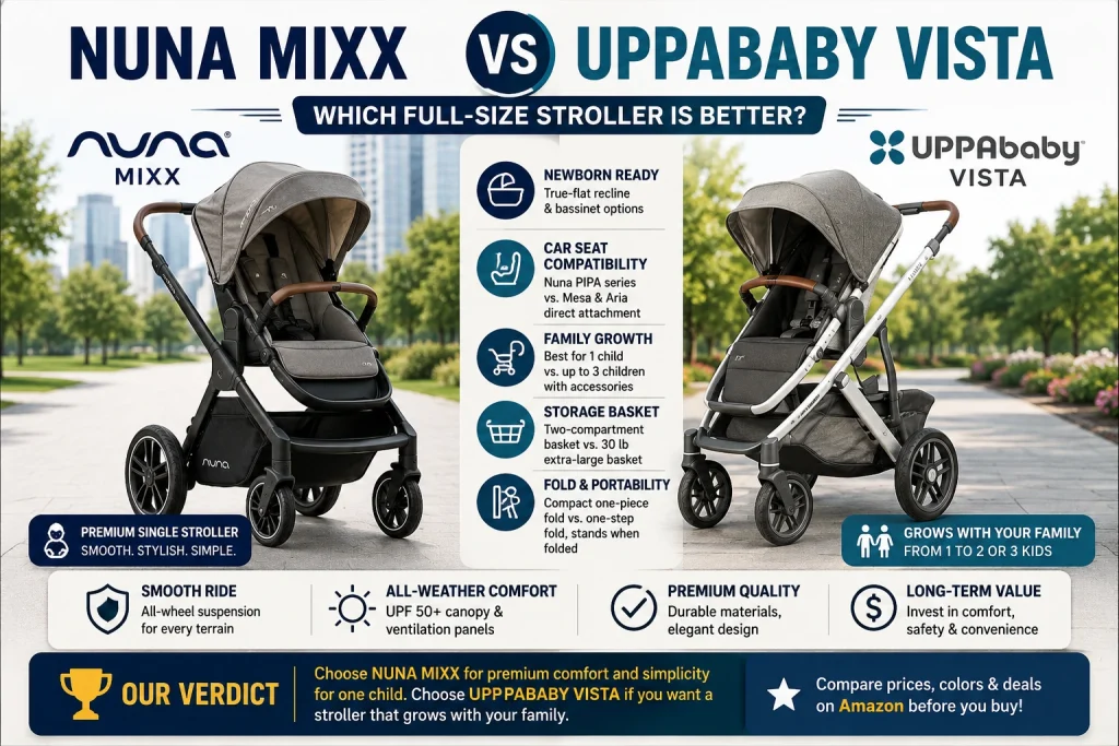 Nuna Mixx vs UPPAbaby Vista stroller comparison feature image showing two premium full-size strollers with comfort, storage, and family growth highlights.