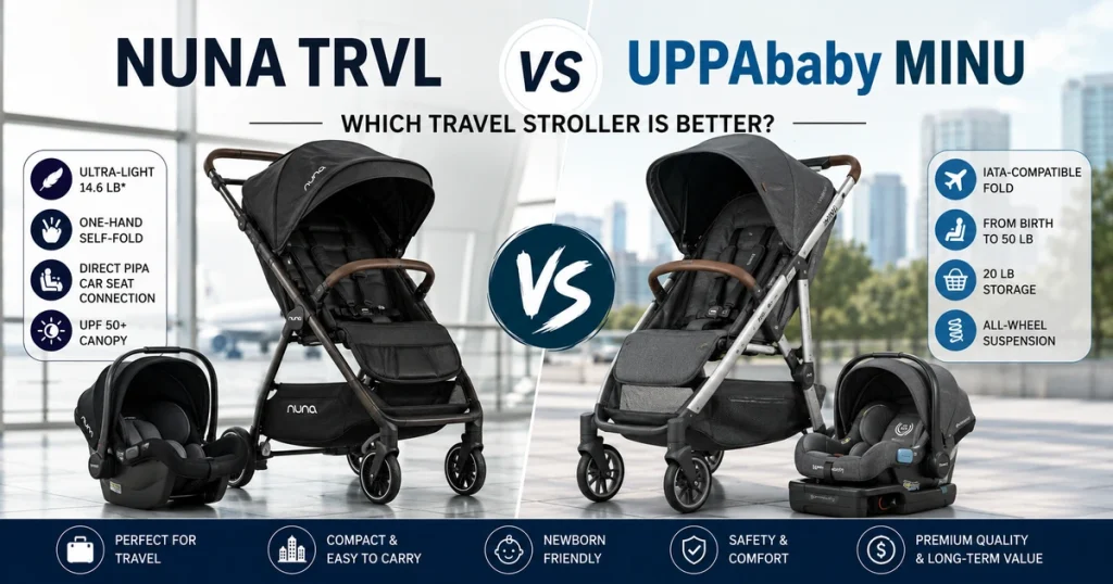 Nuna TRVL vs UPPAbaby Minu travel stroller comparison feature image showing two premium compact strollers with fold, newborn use, car seat fit, storage, and travel highlights.