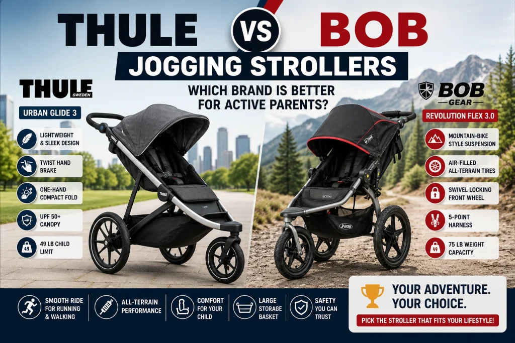 Thule vs BOB jogging strollers comparison feature image showing two premium jogging strollers with ride quality, suspension, fold, safety, and storage highlights.
