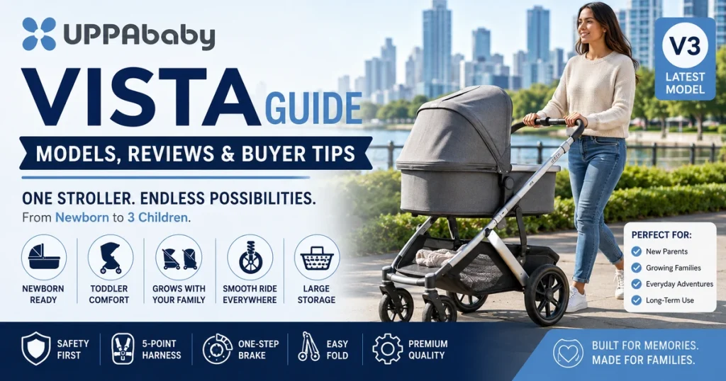 UPPAbaby Vista guide feature image showing a premium stroller with bassinet, highlighting models, newborn use, safety, smooth ride, storage, and buyer tips.
