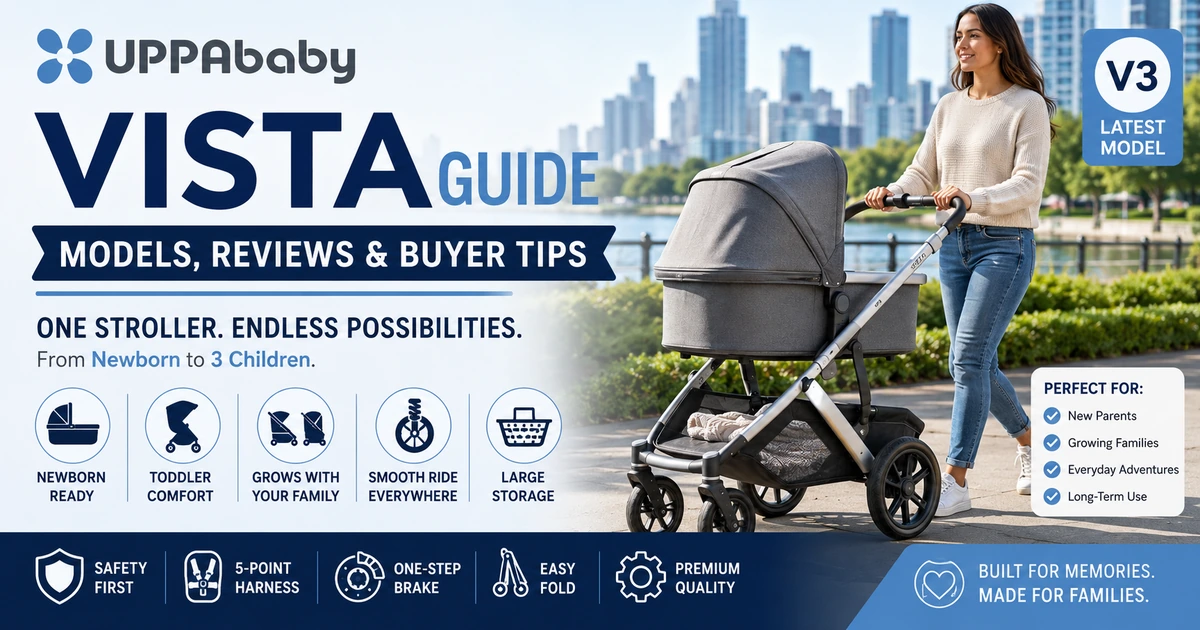 UPPAbaby Vista guide feature image showing a premium stroller with bassinet, highlighting models, newborn use, safety, smooth ride, storage, and buyer tips.