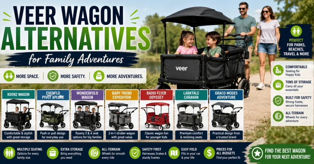 Veer Wagon alternatives feature image showing different stroller wagon options for family adventures with storage, seating, safety, all-terrain, and budget-friendly highlights.