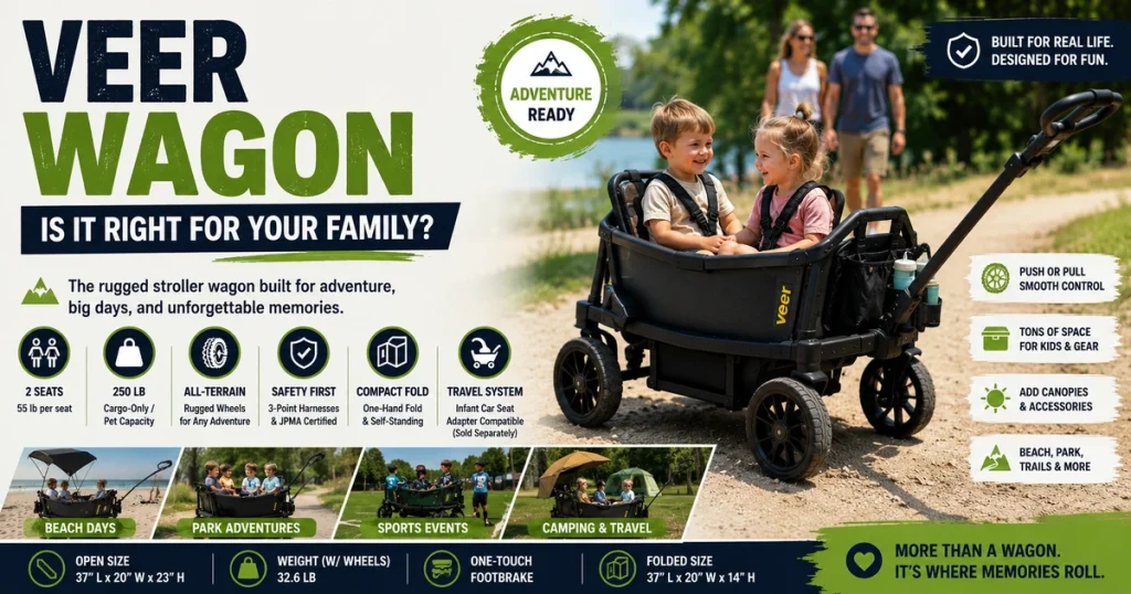 Veer Wagon feature image showing two children riding in a rugged stroller wagon on an outdoor family adventure path with all-terrain, safety, storage, and travel-ready highlights.